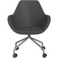 Fan 4 Legged Armchair Dark Brown Softline Leather Look Seat & Metallic Silver Base with Decorative Castors - Perfect Seating Solution for Breakout, Reception Areas & Boardroom