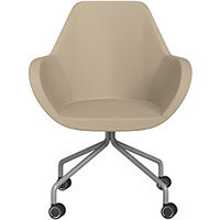 Fan 4 Legged Armchair Light Brown Softline Leather Look Seat & Metallic Silver Base with Decorative Castors - Perfect Seating Solution for Breakout, Reception Areas & Boardroom