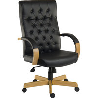 Warwick Traditional Office Chair Button Tufted Bonded Leather Backrest In Black With Light Wood Coloured Arms And Base Warwick Traditional Office Chair Button Tufted Bonded Leather Backrest In Black With Light Wood Coloured Arms And Base