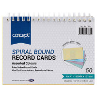 Concept 6x4 Inch Spiral Bound Record Cards Pack of 50 - Colour Coded Notes