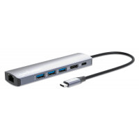 Manhattan USB-C Dock/Hub, Ports (x6): Ethernet, HDMI, USB-A (x3) and USB-C, With Power Delivery (100W) to USB-C Port (Note additional USB-C wall charger and USB-C cable needed), USB 3.2 Gen 1, All Ports can be used at the same time, Aluminium, Silver