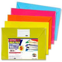 Premier Office Pack of  5 A4 Button Document Wallets - Bright - Bright A4 Document Wallets for Office & School
