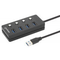 Manhattan USB-C Dock/Hub, Ports (x4) with on/off switch for each port: USB-A (x4), 5 Gbps (USB 3.2 Gen1 aka USB 3.0), Universal for all devices, Bus or AC powered (optional jack, not included), Cable 1.5m, SuperSpeed USB, Black, Three Year Warranty