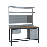 Kit E - 1800mm Heavy Duty Workbench With Accessories - Solid Beech Worktop - Single Drawer, Storage Cupboard, 1180mm Rear Support Posts, Service Duct