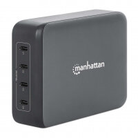 Manhattan Mains USB-C Laptop Charging Station 4-port, Universal charging for ALL laptops (incl power hungry gaming machines & equivalent) with ports to simultaneously charge phones/watches/earpods/etc, GaN, Each PD port up to 140W (Max 240W), UK Power cor