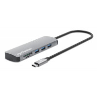 Manhattan USB-C Dock/Hub with Card Reader, Ports (x7): Ethernet, HDMI, USB-A (x3) and USB-C (x2), With Power Delivery (100W) to USB-C Port (Note additional USB-C wall charger and USB-C cable needed), USB 3.2 Gen 1, All Ports can be used at the same time, 