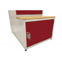 Combi Seat, Stand and Storage Compartment - H.450 W.1200 D.450 - Solid Door Storage Box - Oak Slats - Red Door