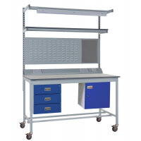 Mobile Square Tube Workbench - Laminate Top 840h x 1200w x 750 d mm - Storage Cupboard, Triple Drawer Unit, 1180mm Rear Support Posts, Service Duct Wo