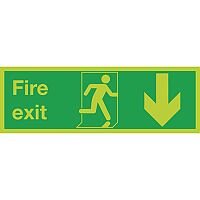 Safety Sign Niteglo Glow In The Dark Fire Exit Running Man Arrow Down 150x450mm Self-Adhesive