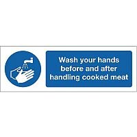 Self Adhesive Vinyl Food Processing And Hygiene Sign Wash Your Hands Before And After Handling Cooked Meat Self Adhesive Vinyl Food Processing And Hygiene Sign Wash Your Hands Before And After Handling Cooked Meat