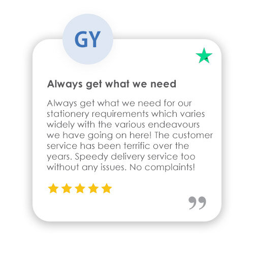 Trustpilot Review: Always get what we need: Always get what we need for our stationery requirements which varies widely with the various endeavors we have going on here! The customer service has been terrific over the years. Speedy delivery service too without any issues. No Complaints! 
